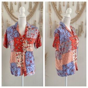 Forever 21 patchwork top short sleeve button down quilted print pink blue spring